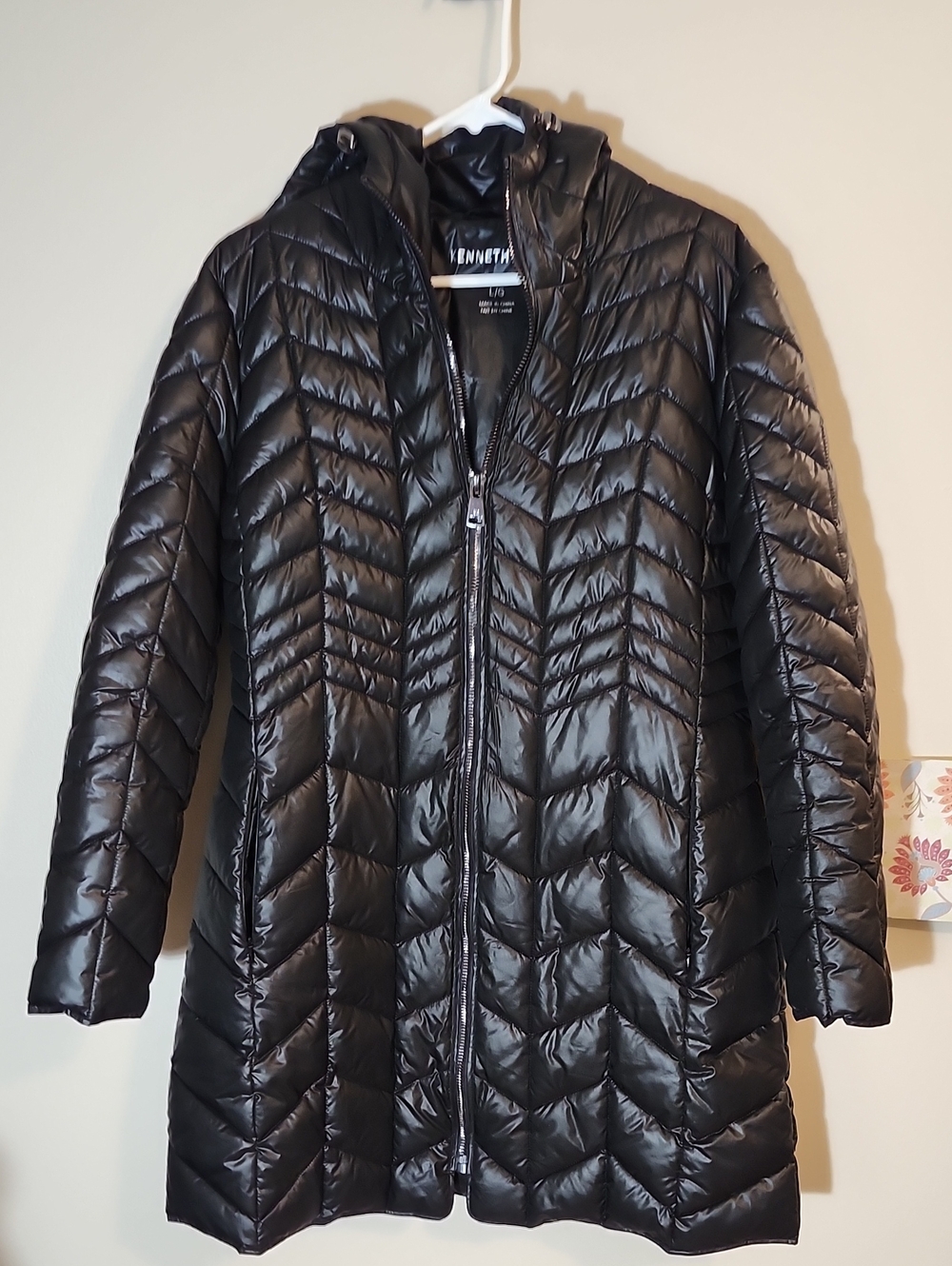 Kenneth Cole New York Black Quilted Zip-Up Packable Puffer Hooded Long Coat Sz L